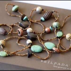Retired Silpada Sterling Silver Howlite
Jasper Wood Shell Necklace 60" Long